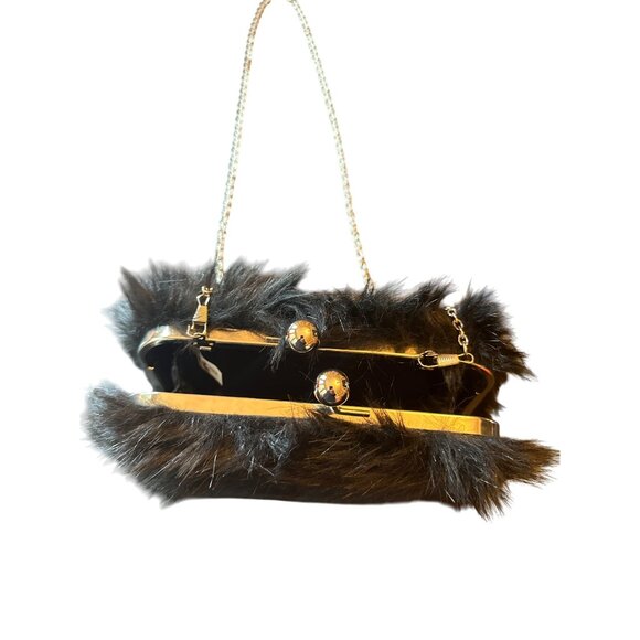 Black Faux Fur Lulu Townsend Evening Bag With Chain Strap & Silver Hardware - Picture 4 of 5